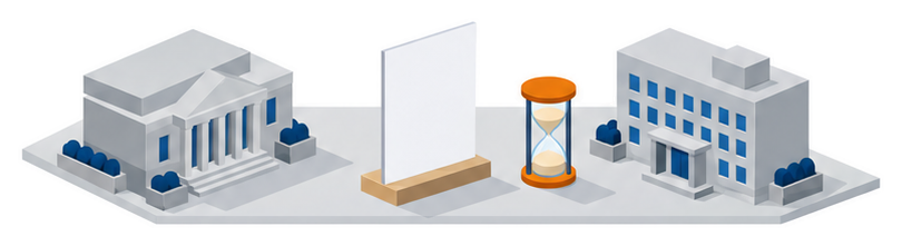 官庁の建物と書類と砂時計のイラスト