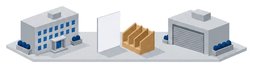 閉じたシャッターの建物と書類ラックのイラスト