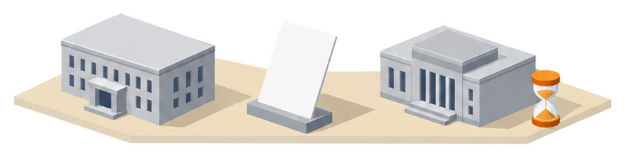 官庁の建物と申請書類と砂時計のイラスト