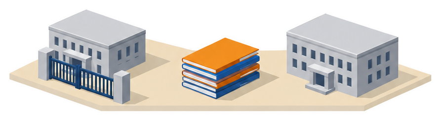 書類ラックと小さな建物と大きな建物のイラスト