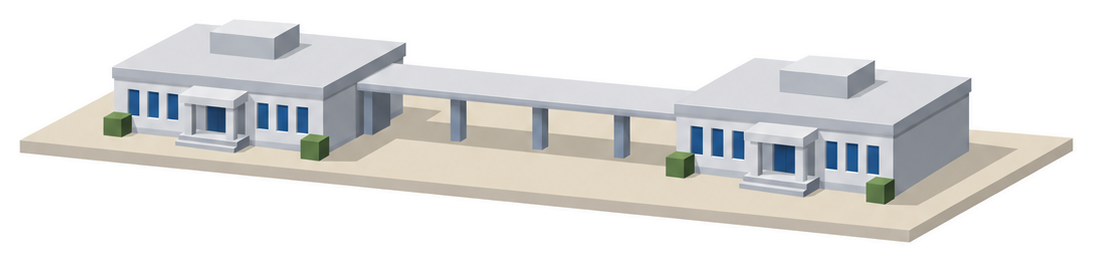 証明書と砂時計と二つの建物のイラスト