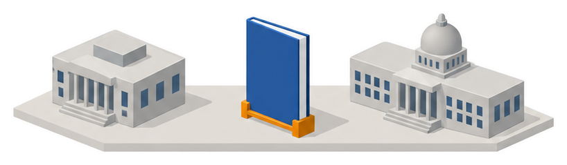 機関の建物と規程の冊子と国の庁舎のイラスト
