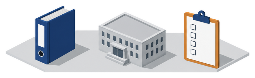 書類のバインダーと建物とチェックリストのイラスト