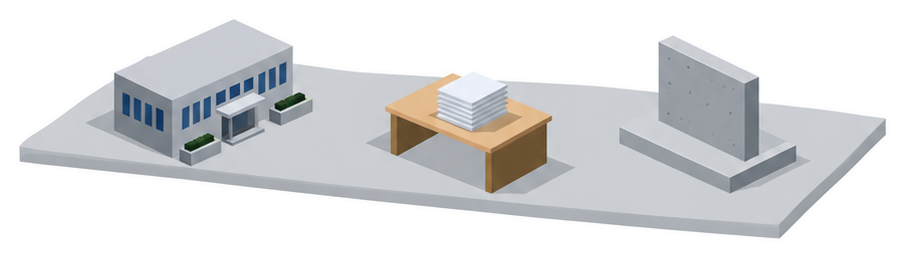 国の庁舎と書類の束と試験体のイラスト