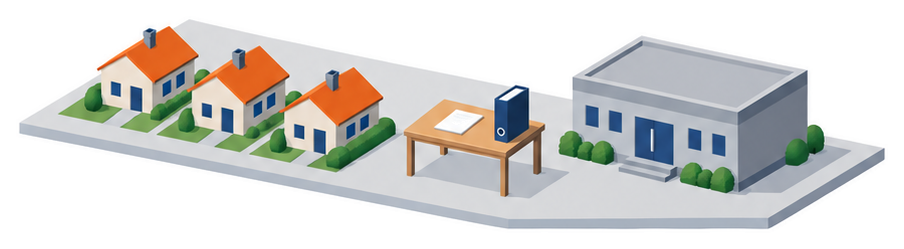 住宅と書類のバインダーと庁舎のイラスト