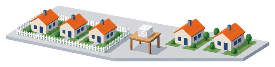 住宅の並びと離れた住宅と庁舎のイラスト