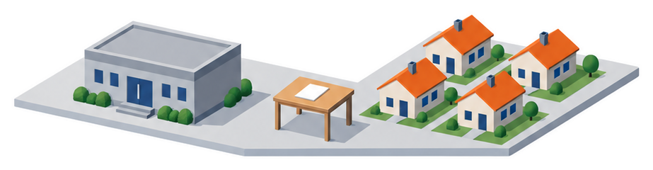 住宅の並びと柵と書類のイラスト