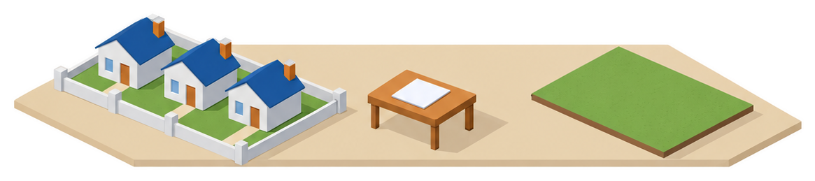 柵で囲まれた住宅と空き地と書類のイラスト