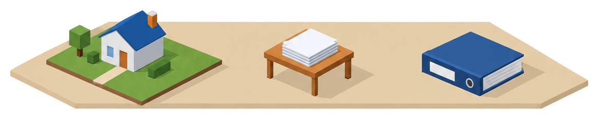 一軒の住宅と広い敷地と書類のイラスト