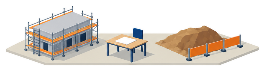 足場のある建物と盛土と書類のイラスト