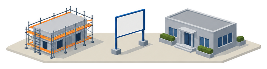 工事中の建物と掲示板と庁舎のイラスト