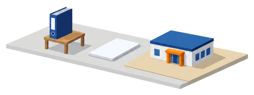 書類と庁舎と低い建物のイラスト