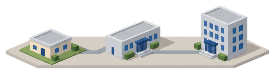低い建物と庁舎と細い道のイラスト