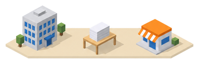 会社の建物と書類の山のイラスト