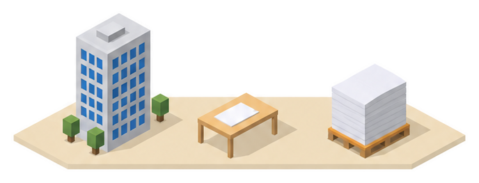高い建物と書類と平らな敷地のイラスト