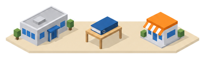 書類と机と低い建物のイラスト