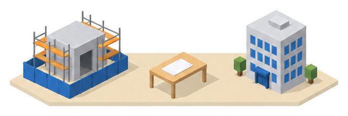 書類と机と小さな建物のイラスト