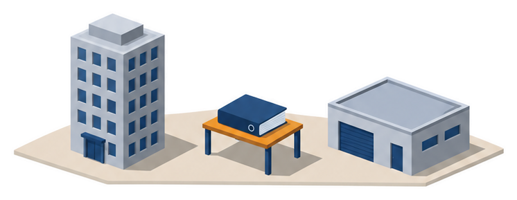 書類と机と低い建物のイラスト