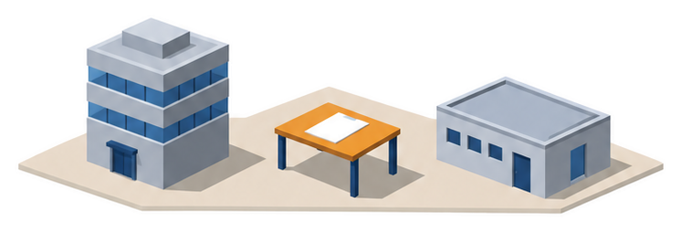 低い建物と書類のイラスト