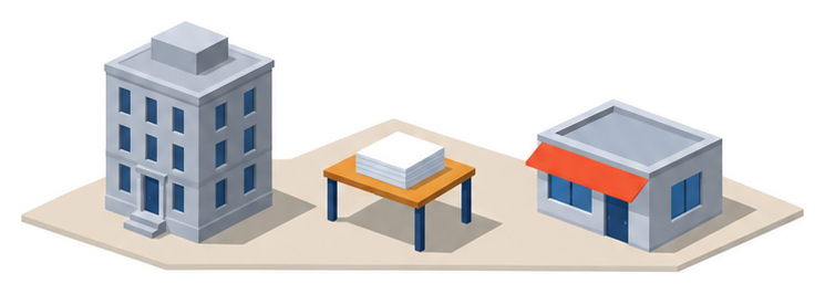 書類と机と小さな建物のイラスト