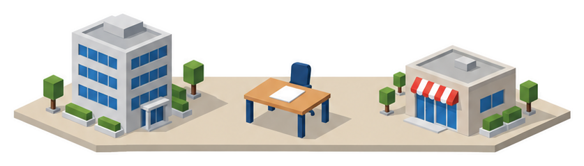 会社の建物と書類のイラスト