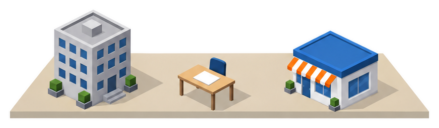 会社の建物と書類のイラスト
