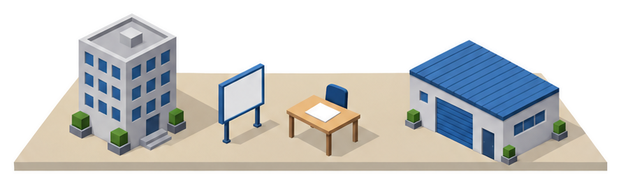 建物と掲示板と書類のイラスト