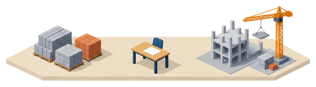 建築材料の山と工事現場のイラスト