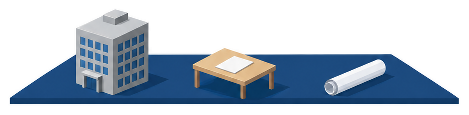 事務所の建物と書類のイラスト