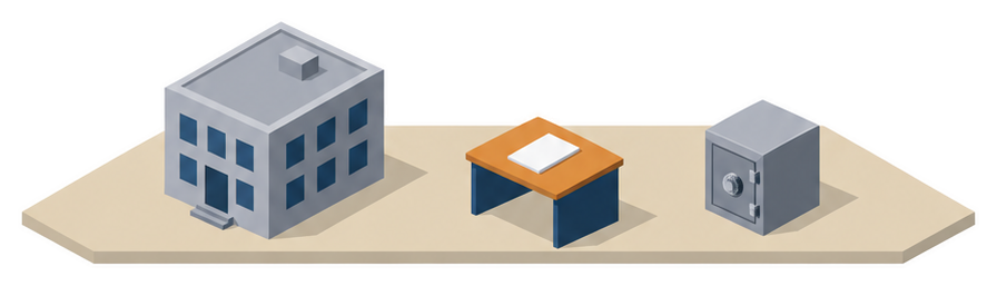 事務所の建物と書類のイラスト