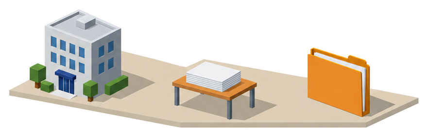 事務所の建物と報告書の束のイラスト