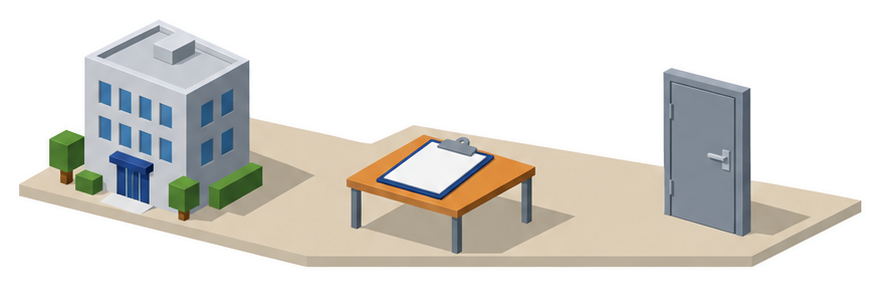 書類板と事務所の建物のイラスト