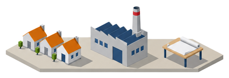 住宅と工場の建物と図面のイラスト