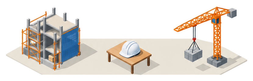 足場と防護ネットを備えた工事中の建物のイラスト