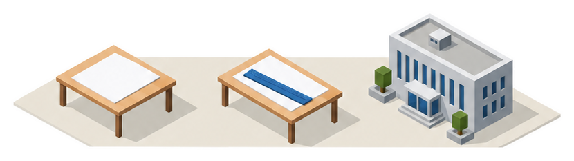 書類と定規と建物のイラスト