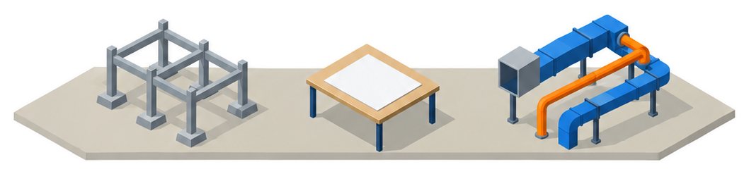 構造の骨組みと設備の配管のイラスト