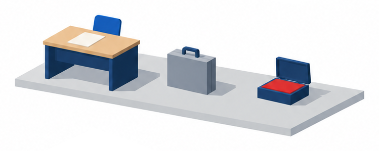 書類と仮設の建物のイラスト