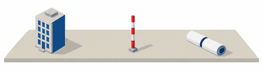 高い建物と測量用のポールのイラスト