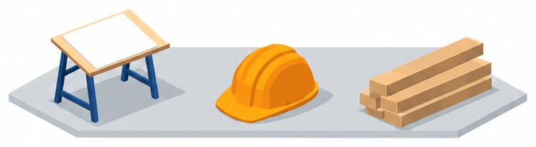 製図台と作業用ヘルメットのイラスト
