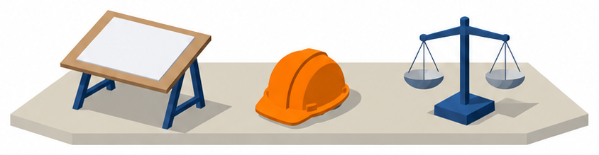 製図台と作業用ヘルメットと天秤のイラスト
