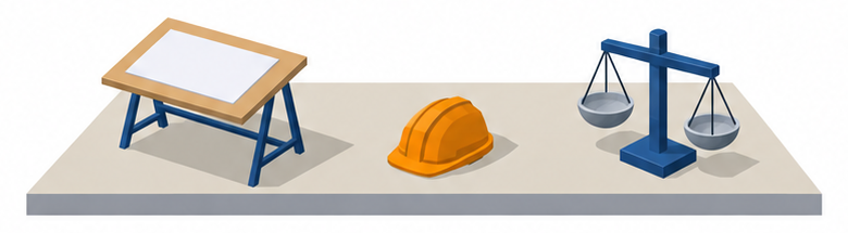 製図台と作業用ヘルメットと天秤のイラスト