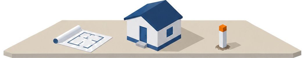建物模型と図面と敷地境界の標識のイラスト