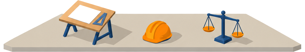 製図台と作業用ヘルメットと天秤のイラスト