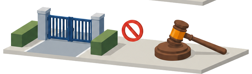禁止マークの付いた閉じた門と裁判官の木槌のイラスト