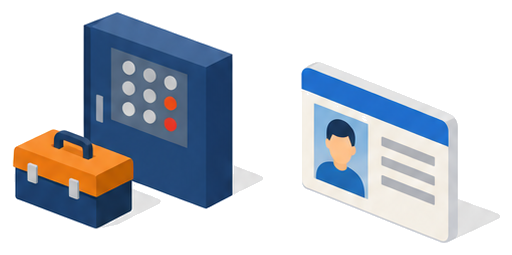 消防用設備の点検道具と免状カードを並べたイラスト