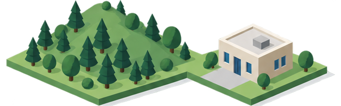 森林に覆われた山と小さな建物が同じ地面の上に並んでいる様子を示したイラスト
