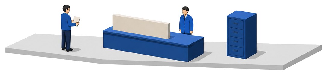 左で書類を持つ人と真ん中の窓口の台と右の職員と書類棚を描いたイラスト