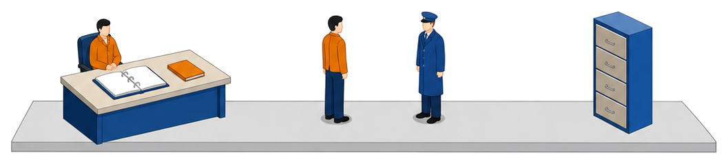バインダーと書類が載った机に座る作業服の人と向かい合う制帽の人と右の書棚を描いたイラスト