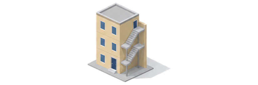 ベージュの小さな三階建ての細いテナントビルが小さな敷地に建ち、建物の側面に沿って灰色の屋外階段が前面に走っているイメージ