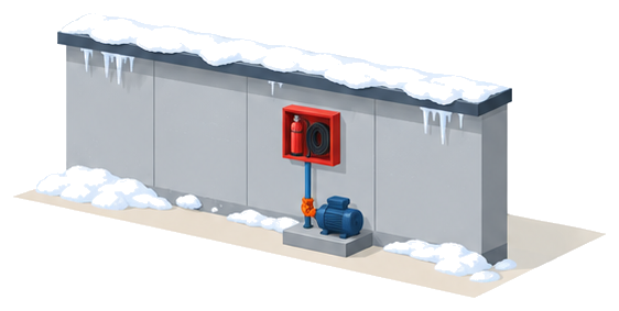 雪の積もった屋根とつららのある壁に赤い消火栓箱が付き、配管の水抜き弁とポンプがつながるイメージ